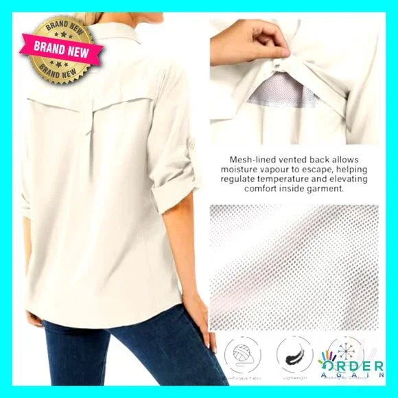 Long Sleeve Button Down UPF 50 Sun Protection Shirt Safari Hiking Fishing